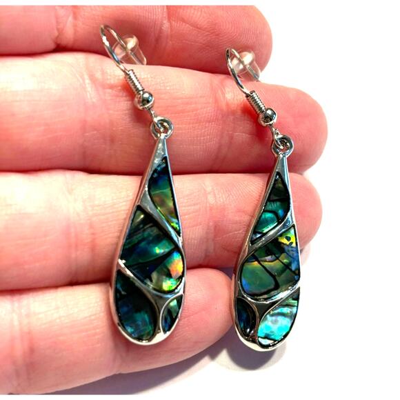 Pierced earrings drop & dangle long teardrops silver & abalone enamel finish - Picture 6 of 6